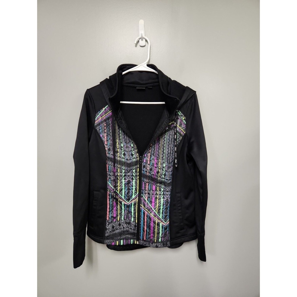 Fila Sport Women Hoodie Quilted Sports Jacket Black Multi Sz Medium Full Zip